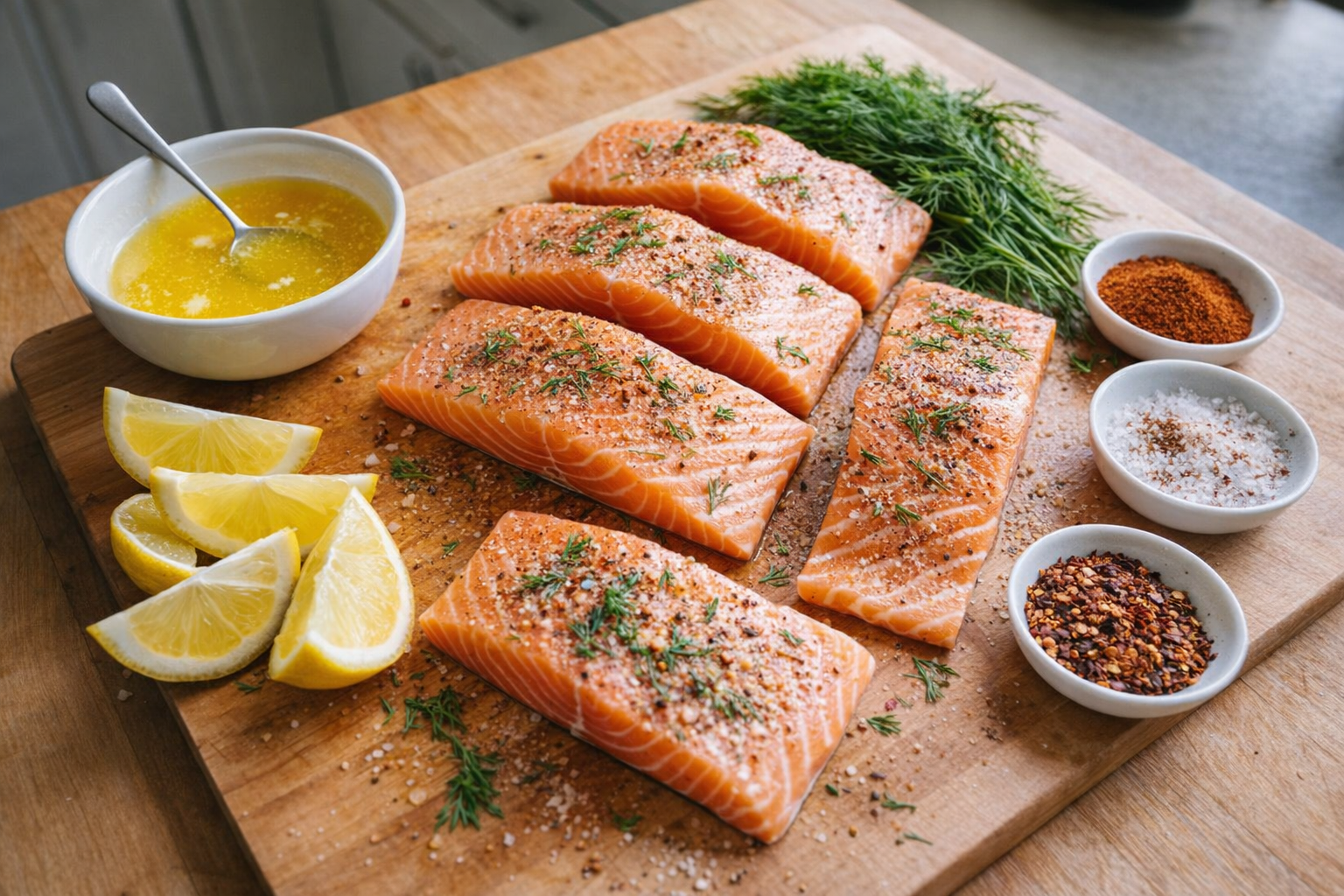 A top-down shot of raw salmon fillets on a cutting board, next to a small bowl of melted butter, lemon wedges, fresh dill, and various spices in small dishes, bright kitchen lighting